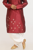Deep Red Dupion Silk Printed Men's Jacket Style Kurta With Dhoti Pants