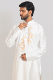 Printed Off White Cotton Silk Men's Jacket Style Kurta Pajama