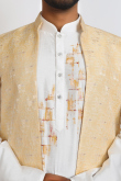 Printed Off White Cotton Silk Men's Jacket Style Kurta Pajama
