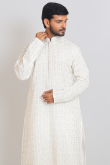 Embroidered Georgette White Men's Straight Cut Kurta With Dhoti Pants