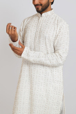Embroidered Georgette White Men's Straight Cut Kurta With Dhoti Pants