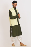 Olive Green Cotton Silk Printed Men's Straight Cut Kurta With Dhoti Pants