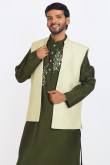 Olive Green Cotton Silk Printed Men's Straight Cut Kurta With Dhoti Pants