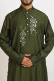 Olive Green Cotton Silk Printed Men's Straight Cut Kurta With Dhoti Pants