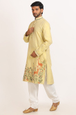 Pale Yellow Cotton Silk Men's Straight Cut Printed Kurta Pajama