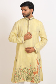 Pale Yellow Cotton Silk Men's Straight Cut Printed Kurta Pajama