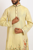 Pale Yellow Cotton Silk Men's Straight Cut Printed Kurta Pajama