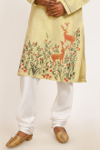Pale Yellow Cotton Silk Men's Straight Cut Printed Kurta Pajama