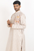 Oat Beige Cotton Printed Men's Straight Cut Kurta With Dhoti Pants