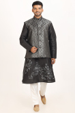 Printed Black Dupion Silk Men's Jacket Style Kurta Pajama