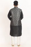 Printed Black Dupion Silk Men's Jacket Style Kurta Pajama