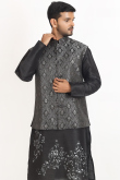 Printed Black Dupion Silk Men's Jacket Style Kurta Pajama