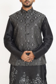 Printed Black Dupion Silk Men's Jacket Style Kurta Pajama