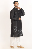 Printed Black Dupion Silk Men's Jacket Style Kurta Pajama