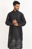 Printed Black Dupion Silk Men's Jacket Style Kurta Pajama