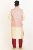 Printed Light Beige Dupion Silk Men's Jacket Style Kurta Pajama