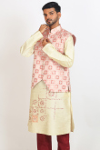 Printed Light Beige Dupion Silk Men's Jacket Style Kurta Pajama