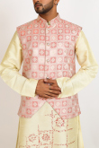 Printed Light Beige Dupion Silk Men's Jacket Style Kurta Pajama
