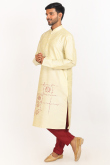Printed Light Beige Dupion Silk Men's Jacket Style Kurta Pajama