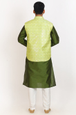 Printed Olive Green Dupion Silk Men's Jacket Style Kurta Pajama