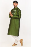 Printed Olive Green Dupion Silk Men's Jacket Style Kurta Pajama
