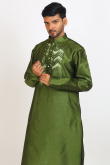 Printed Olive Green Dupion Silk Men's Jacket Style Kurta Pajama