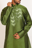 Printed Olive Green Dupion Silk Men's Jacket Style Kurta Pajama