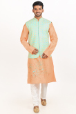 Printed Salmon Orange Dupion Silk Men's Jacket Style Kurta Pajama