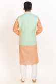 Printed Salmon Orange Dupion Silk Men's Jacket Style Kurta Pajama