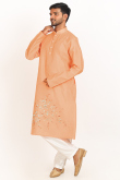 Printed Salmon Orange Dupion Silk Men's Jacket Style Kurta Pajama