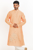 Printed Salmon Orange Dupion Silk Men's Jacket Style Kurta Pajama