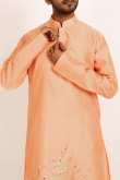 Printed Salmon Orange Dupion Silk Men's Jacket Style Kurta Pajama