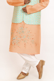 Printed Salmon Orange Dupion Silk Men's Jacket Style Kurta Pajama
