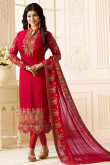 Madder Red Georgette Embroidered Churidar Suit