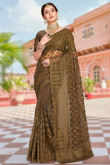 Olive Brown Resham Thread Embroidered Net Sangeet Saree