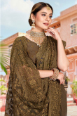 Olive Brown Resham Thread Embroidered Net Sangeet Saree