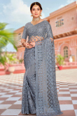 Steel Grey Net Resham Thread Embroidered Sangeet Saree