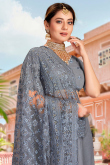 Steel Grey Net Resham Thread Embroidered Sangeet Saree