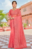 Coral Pink Net Embroidered Saree For Sangeet