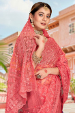 Coral Pink Net Embroidered Saree For Sangeet