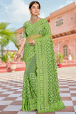 Sage Green Net Resham Thread Embroidered Saree For Mehndi