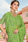 Sage Green Net Resham Thread Embroidered Saree For Mehndi