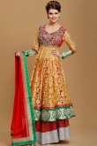 Beige With Red Viscose Churidar Suit