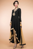 Black Trail Cut Anarkali with Golden Brocade Pants & Net Dupatta
