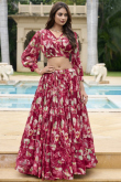 Cherry Red Georgette Printed Ready Made Flared Style Lehenga