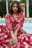 Cherry Red Georgette Printed Ready Made Flared Style Lehenga