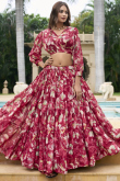 Cherry Red Georgette Printed Ready Made Flared Style Lehenga