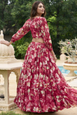 Cherry Red Georgette Printed Ready Made Flared Style Lehenga