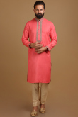Coral Pink Dupion Silk Dori Embroidered Men Kurta Churidar