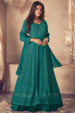 Teal Blue Long Choli Sangeet Lehenga in Georgette
